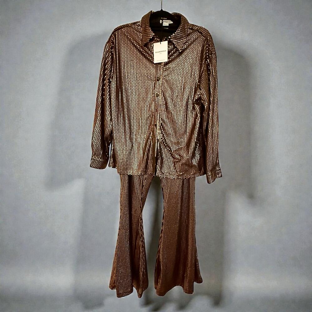 Glamorous Petite Matte Brown Sequined Oversized Shirt and Flared Trousers.